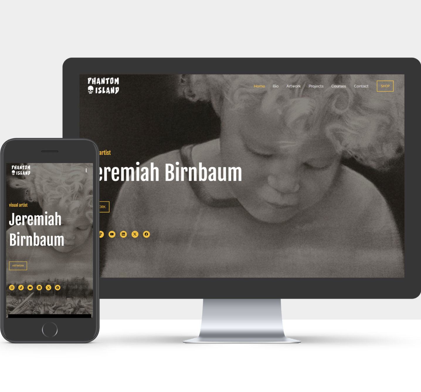 Desktop mockup of the Phantom Island website designed by Design in Art